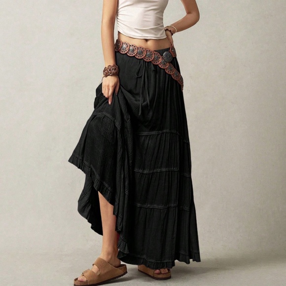 Plus Solid Stretchy Waist Ruffle Hem Maxi Skirt - Picture 9 of 9